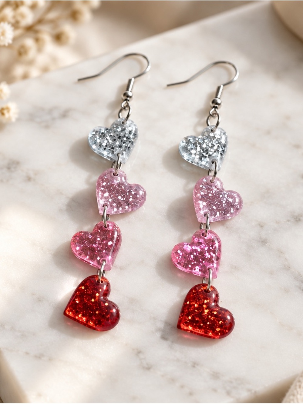 Triple Heart Dangle Earrings - Pink, Red & Silver Glitter